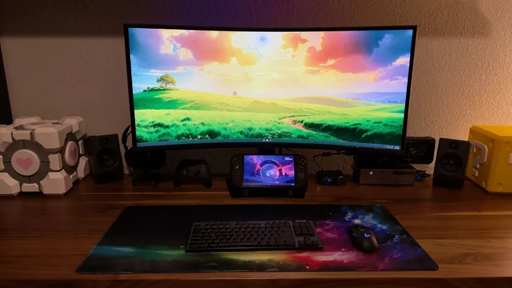 Samsung Odyssey G7 40" connected to a Legion Go 2 and a NVIDIA 5060 TI eGPU.
