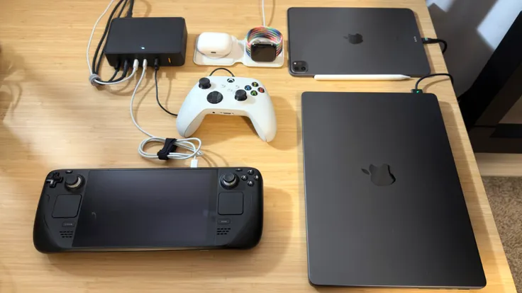 VOLTME Revo 240 charging Apple AirPods Pro, Apple Watch, Apple iPad Pro, Apple MacBook Pro 14, Steam Deck and XBox controller.